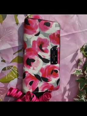 kate spade Pink Leather Floral Zip-Around Wallet with Black Trim